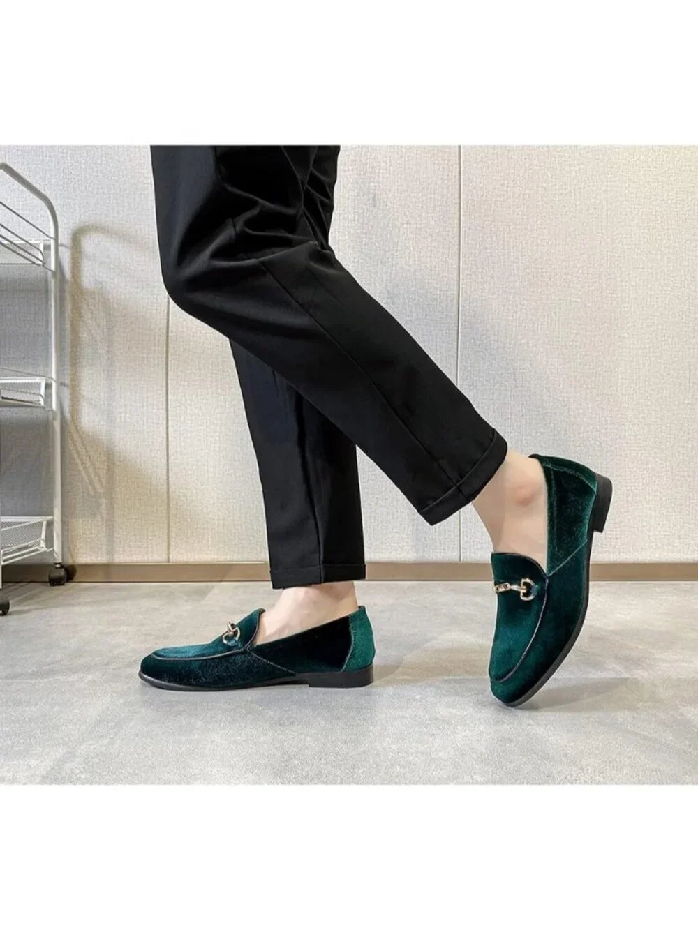 LCQL Men's Green Leather Velvet Loafer Gold Buckle Slip On Comfortable Shoes